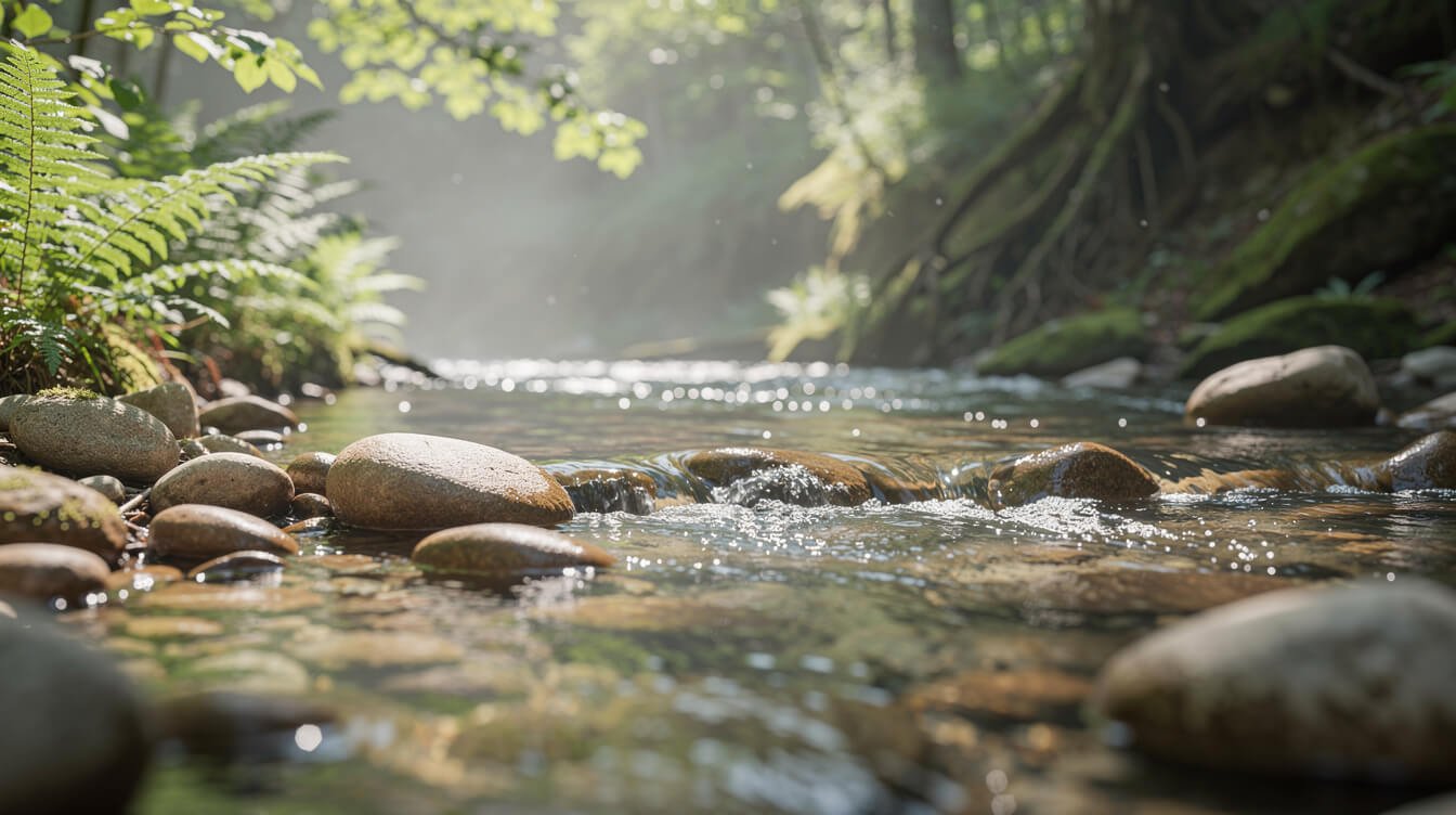 Agua clara fluyendo sobre piedras simbolizando la limpieza natural del cuerpo.