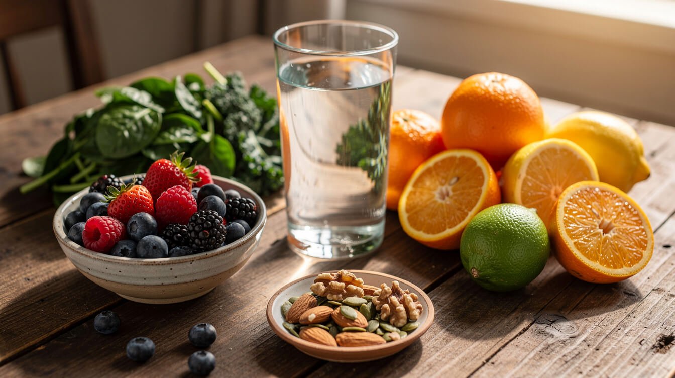 Agua nutritiva, bayas, verduras y frutos secos que favorecen una limpieza natural.