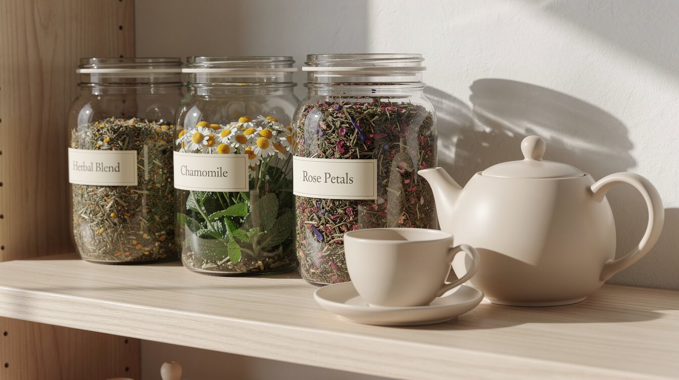 Frascos de té de hierbas y hierbas secas en un estante