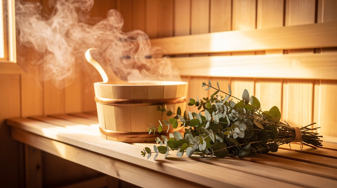 Vapor cálido que asciende en una luminosa sauna de madera con eucalipto.