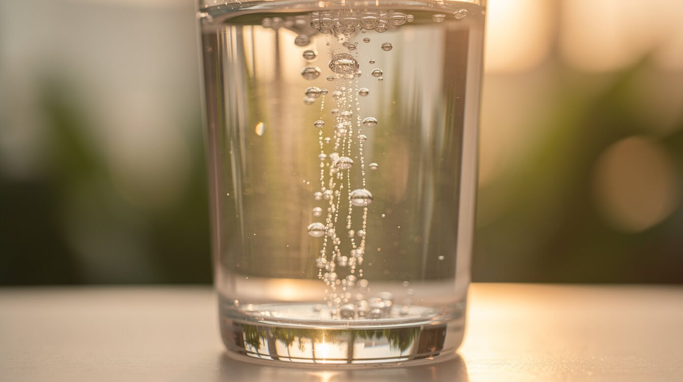 Fine hydrogen bubbles rising through a glass of water