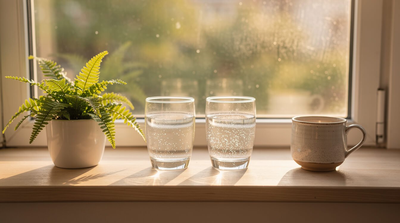 Two glasses of fresh water on a sunny windowsill