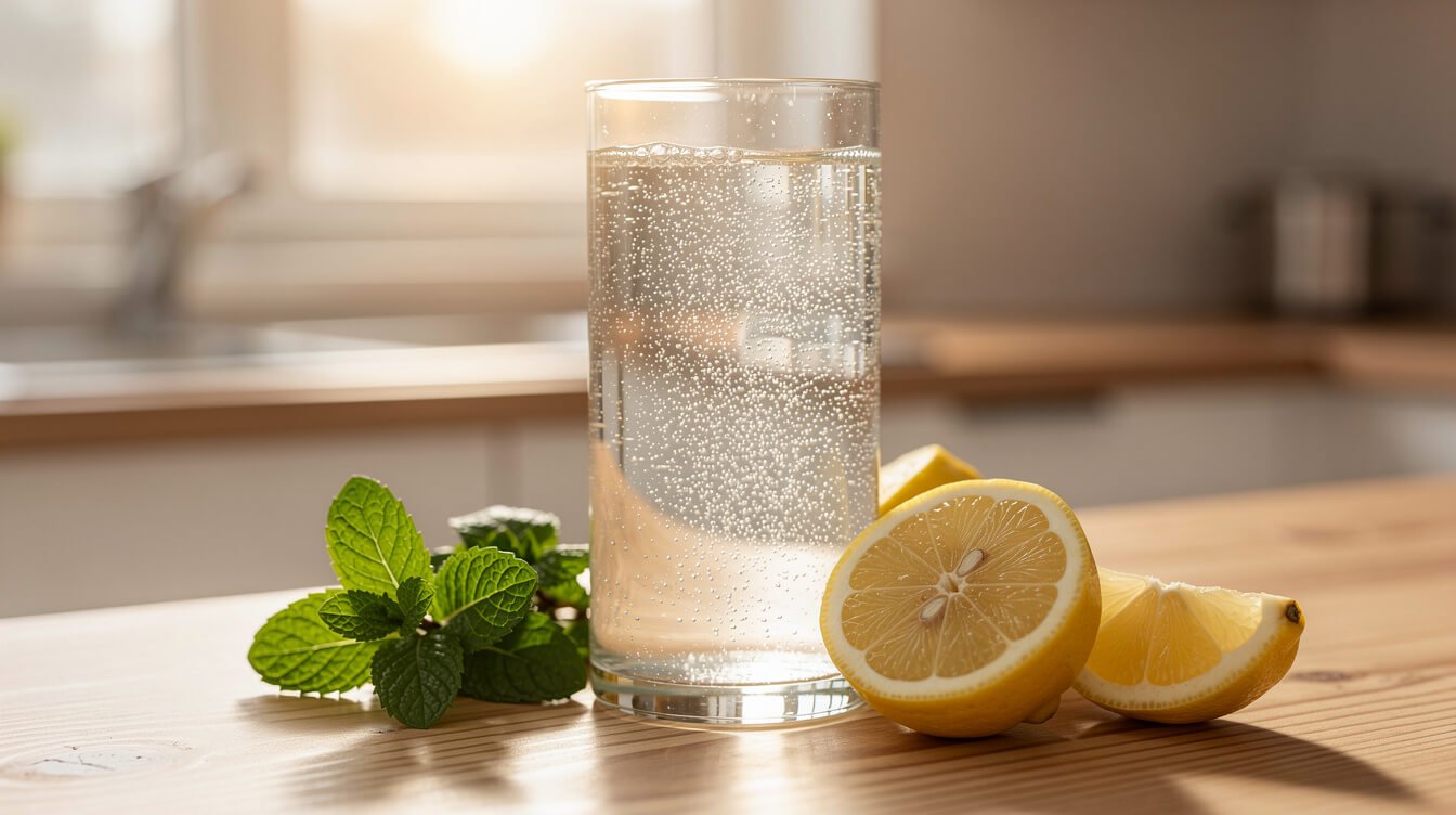 hydrogen water machine guide: a glass of fresh bubbling water with mint and lemon