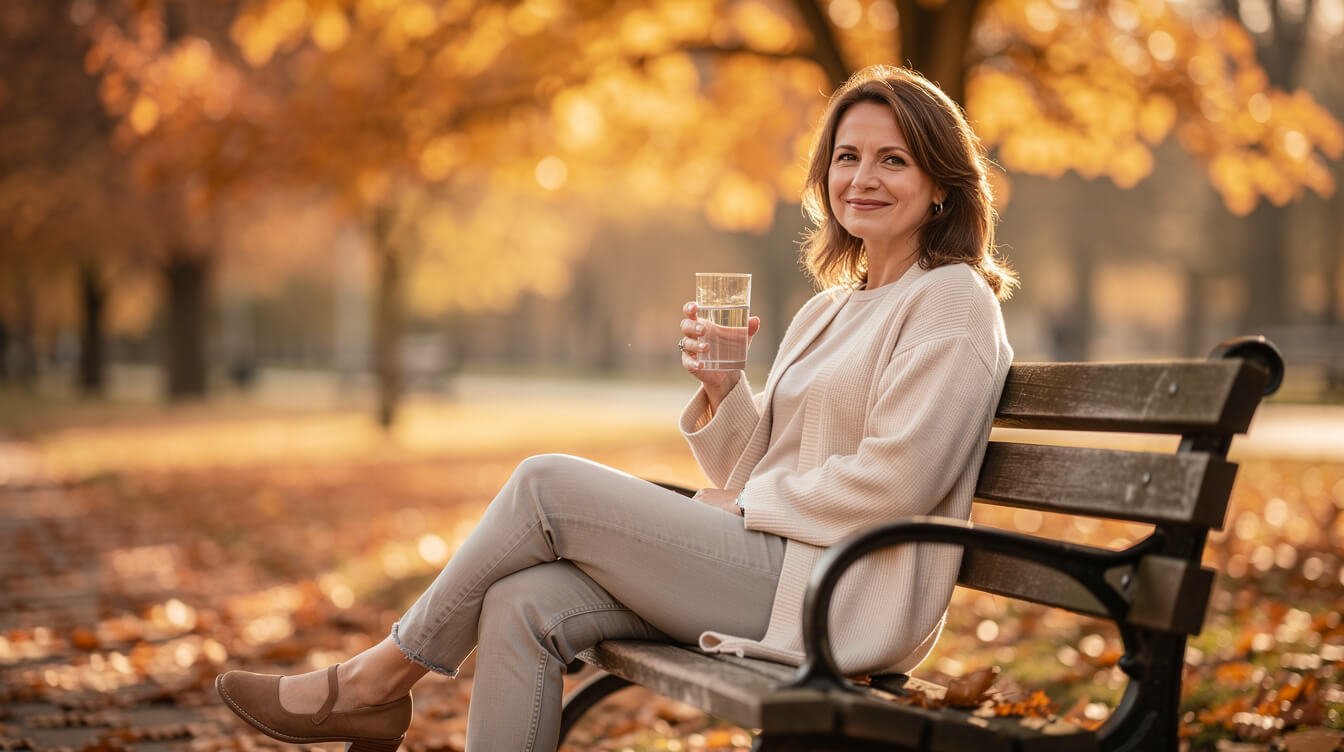 Woman enjoying a glass of water on an autumn park bench