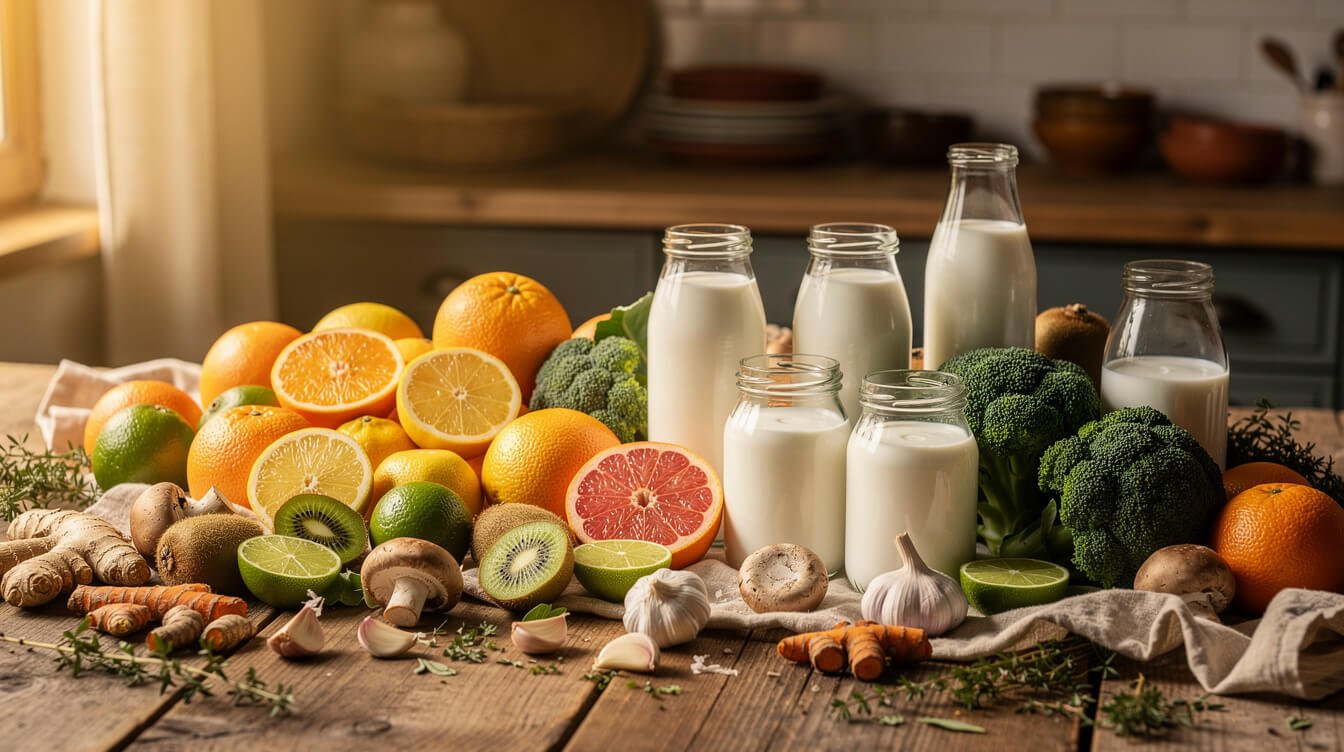 Citrus, kiwi, broccoli, mushrooms, garlic, ginger and yogurt that support the immune system