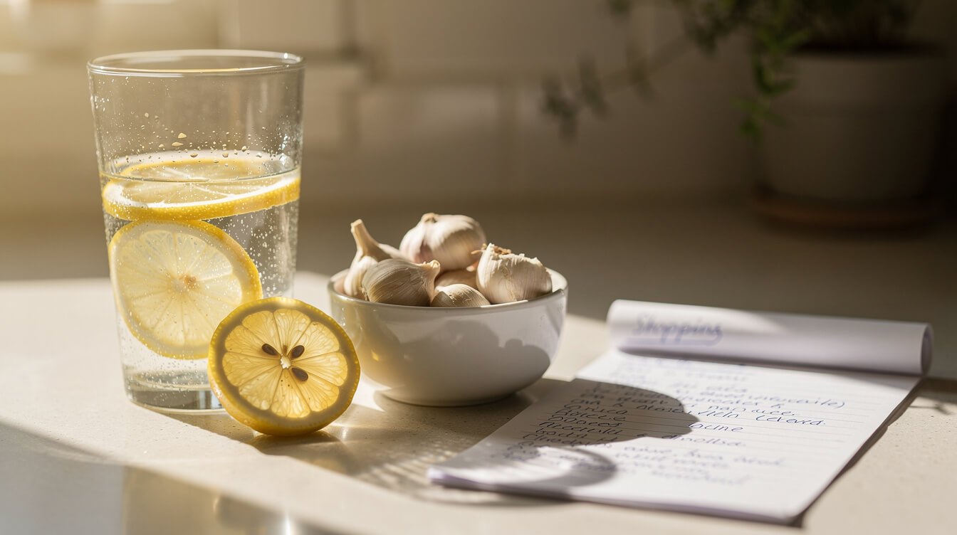 Water with lemon and garlic cloves beside a handwritten grocery list