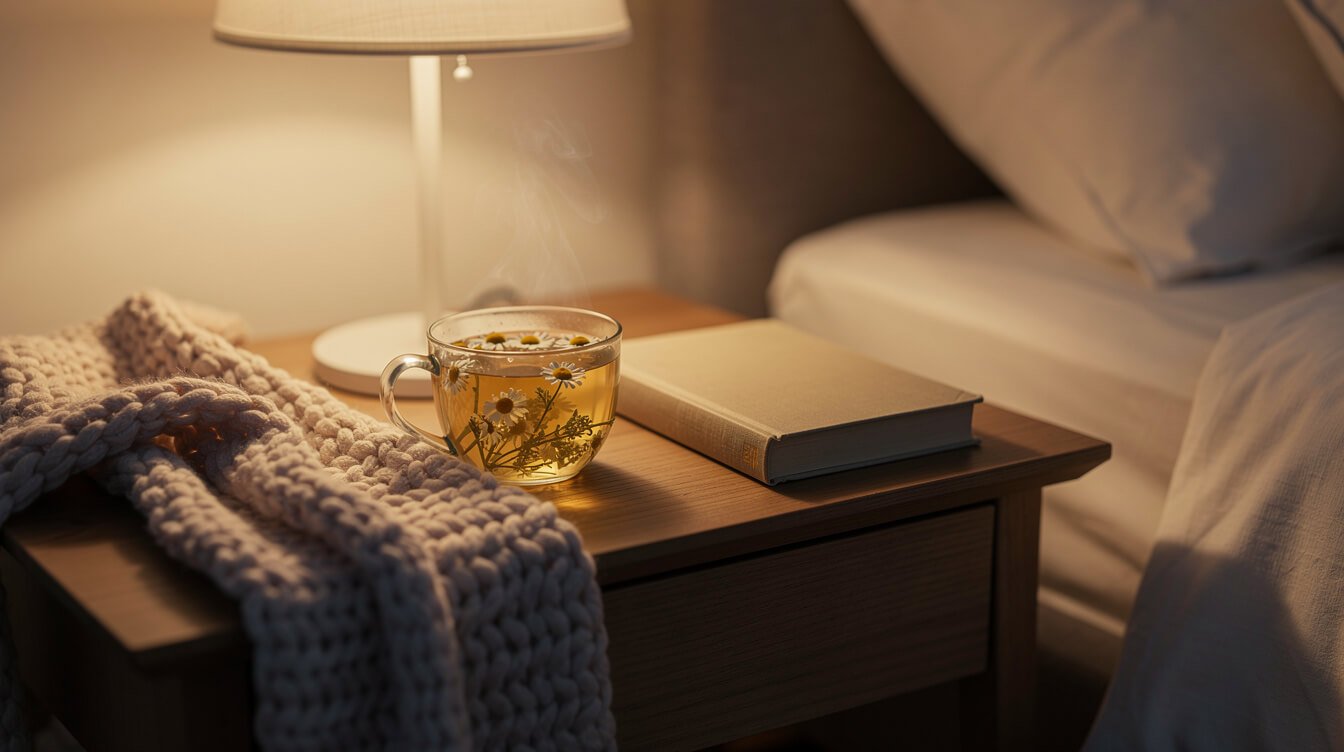 Calm bedside with chamomile tea and a book for restful sleep