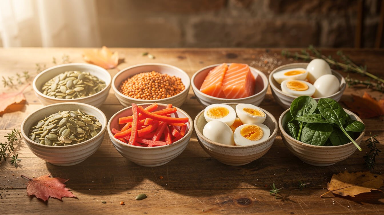 Small bowls of pumpkin seeds, lentils, red pepper, salmon, eggs and spinach rich in immune-supporting nutrients