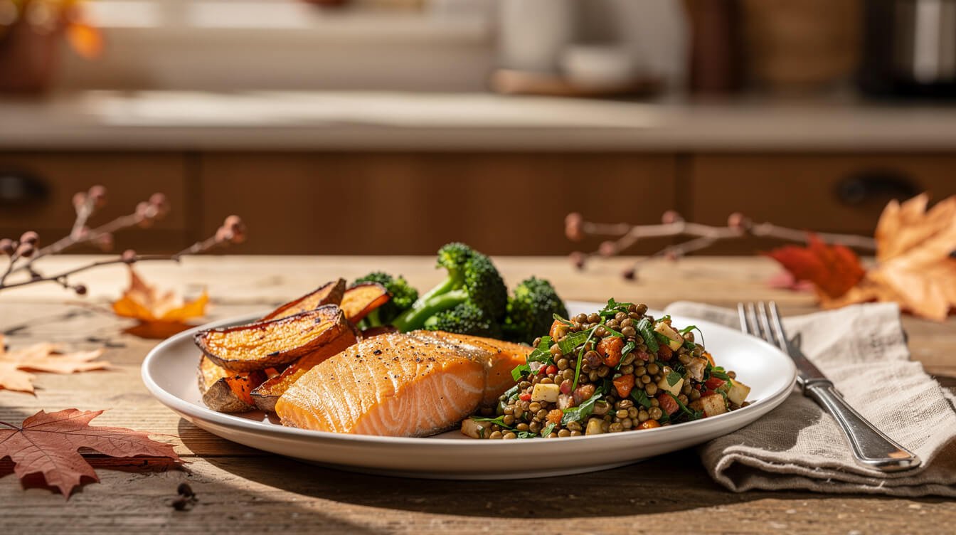 Balanced cold-season immune plate with salmon, sweet potato, broccoli and lentils