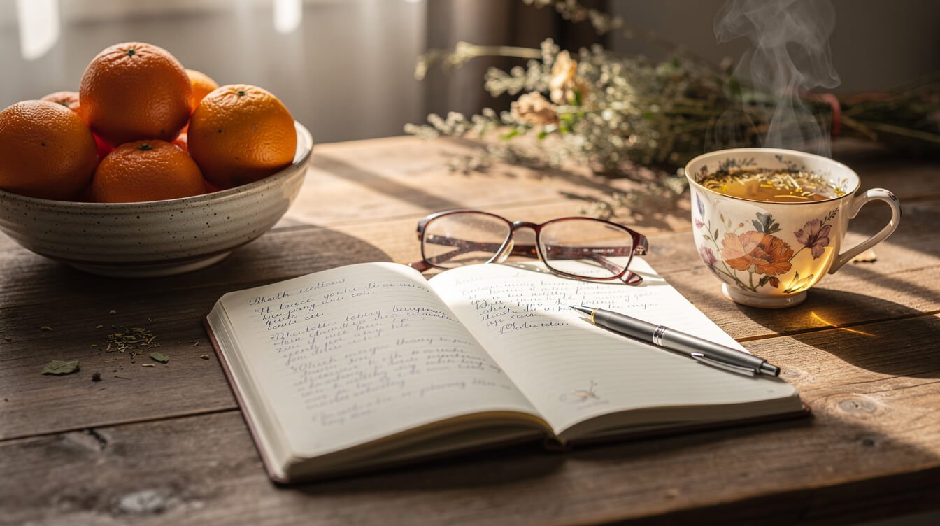 Notebook and reading glasses beside oranges and herbal tea for reviewing immune nutrition research