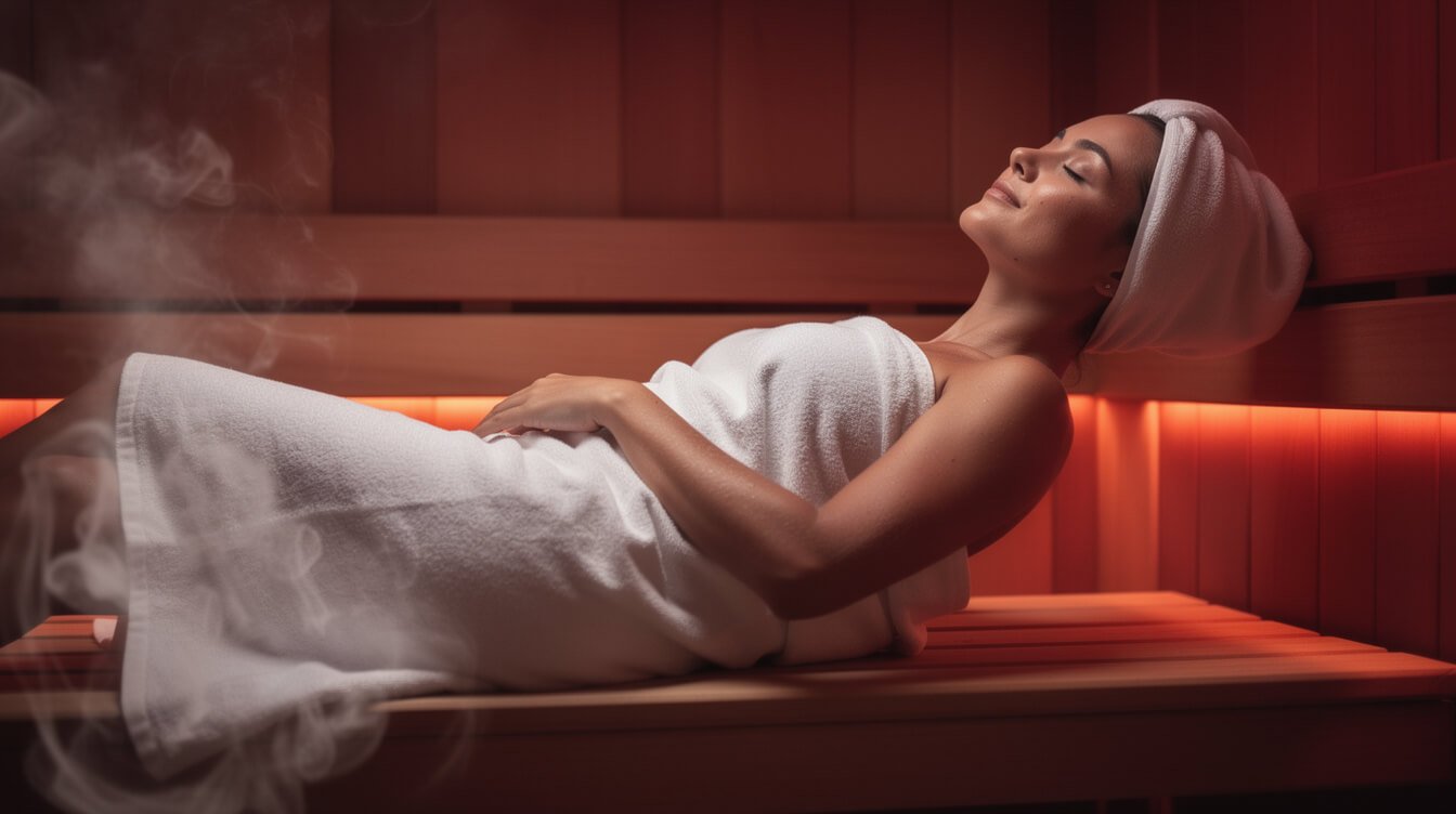 Relaxing in a warm sauna glowing with soft red light