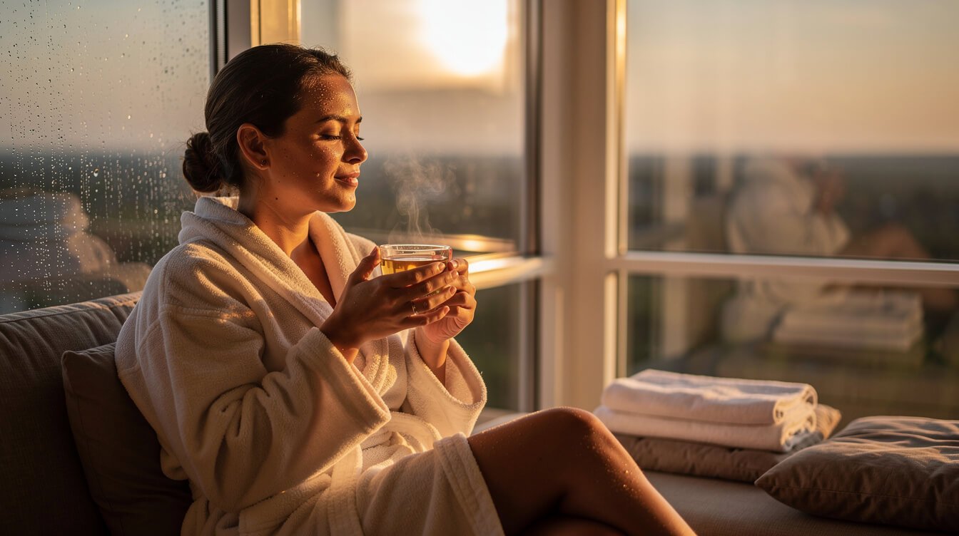 Relaxing with herbal tea after an infrared sauna session