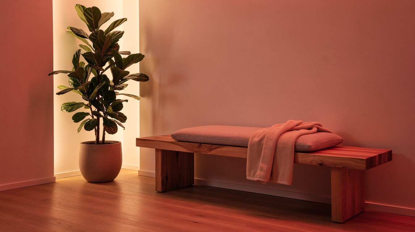 calm home wellness corner with warm infrared therapy light glow