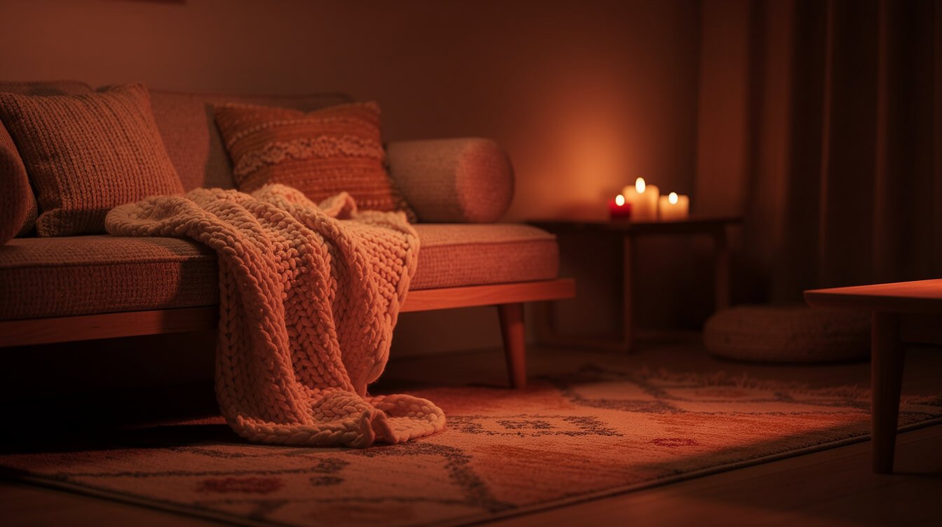 calm restful room lit with warm infrared therapy light