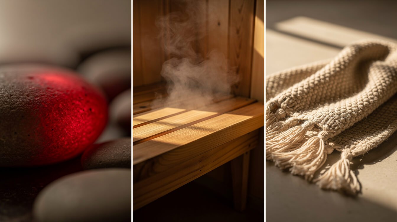 red light glow, infrared sauna bench and infrared textile compared