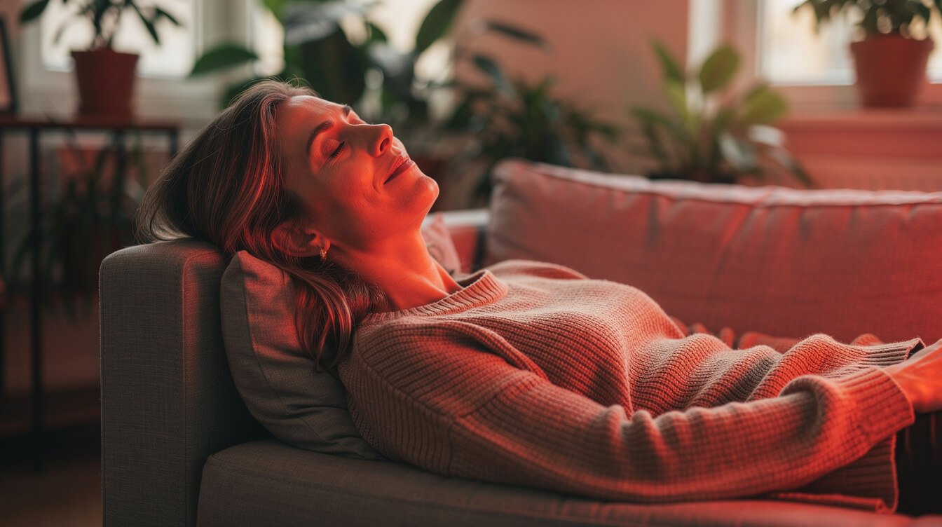 woman relaxing at home bathed in soft red light