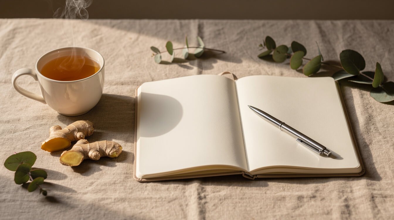 Wellness journal with ginger tea for tracking joint comfort