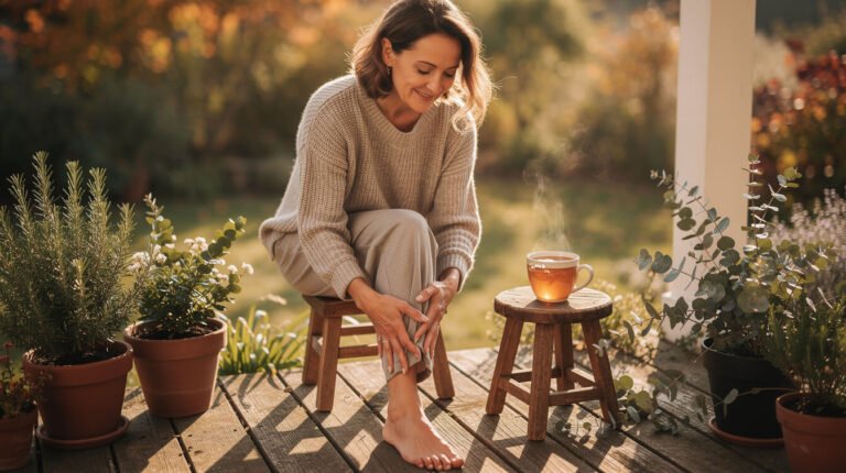 Woman gently massaging her knee on a sunlit porch, natural relief of joint pain