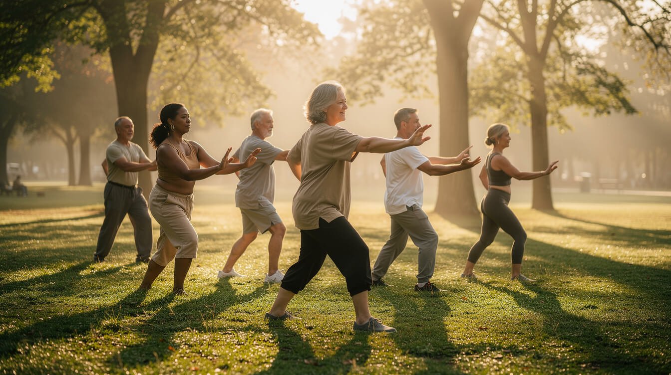 Adults practicing gentle tai chi outdoors for joint comfort