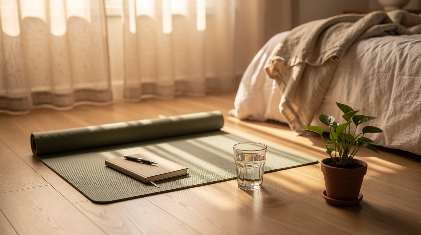 Morning stretching routine setup with yoga mat, water and journal