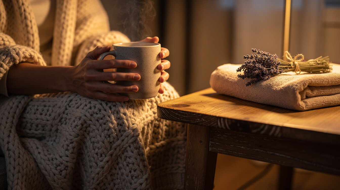 Cozy warmth with a knitted blanket and warm mug for stiff joints