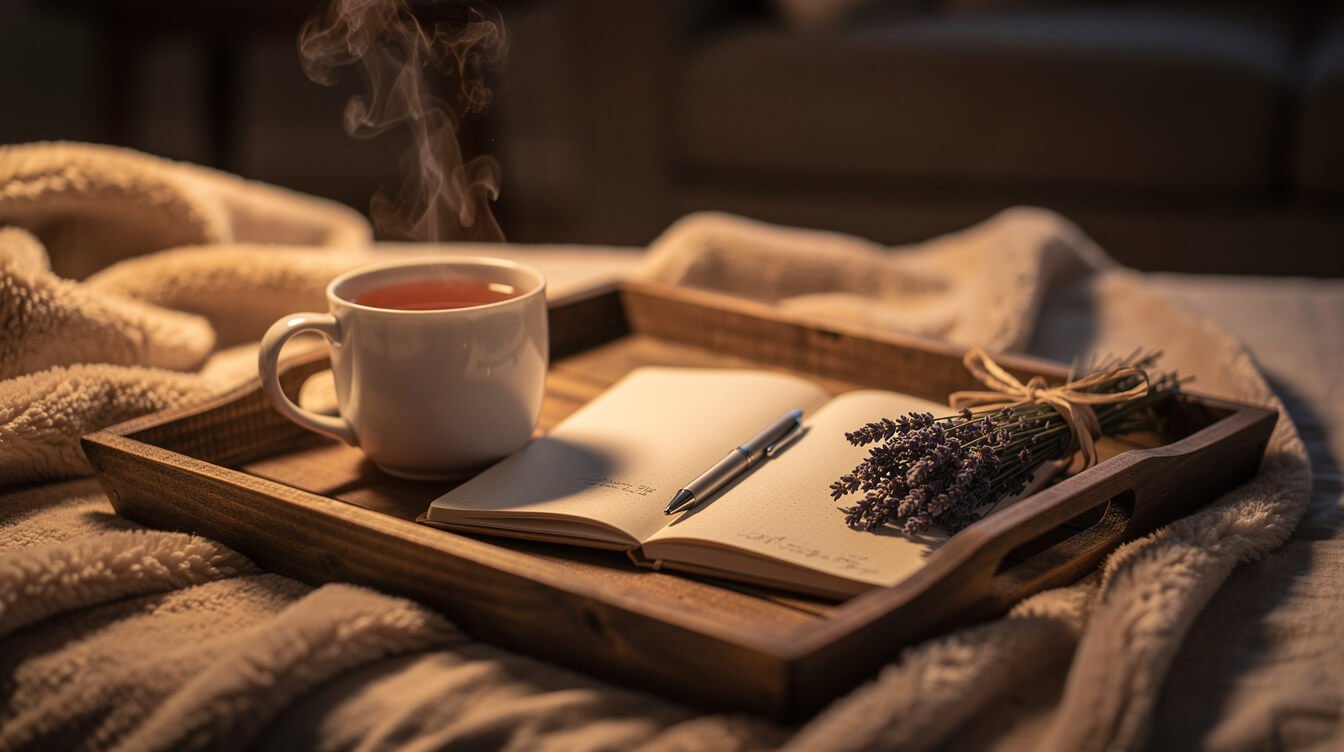 Evening wind-down with chamomile tea and a journal