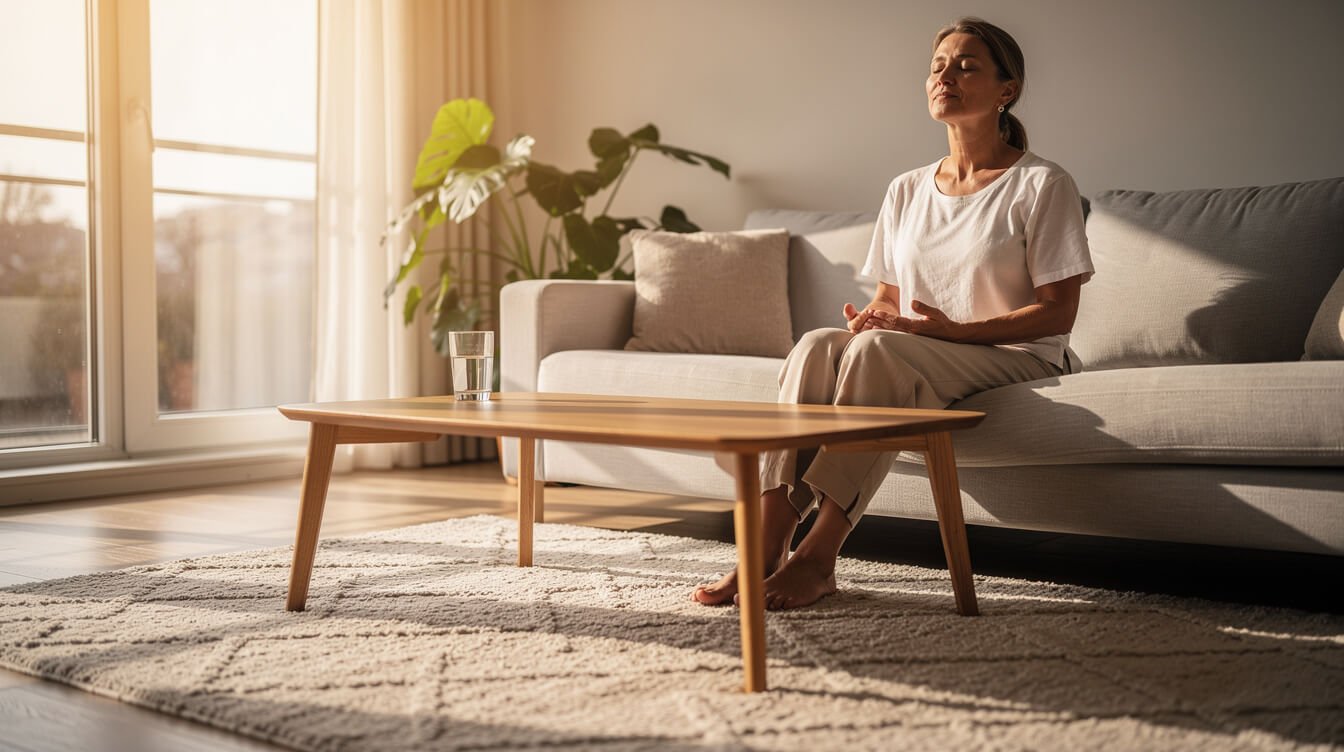 Woman relaxing at home during a calm wellness session