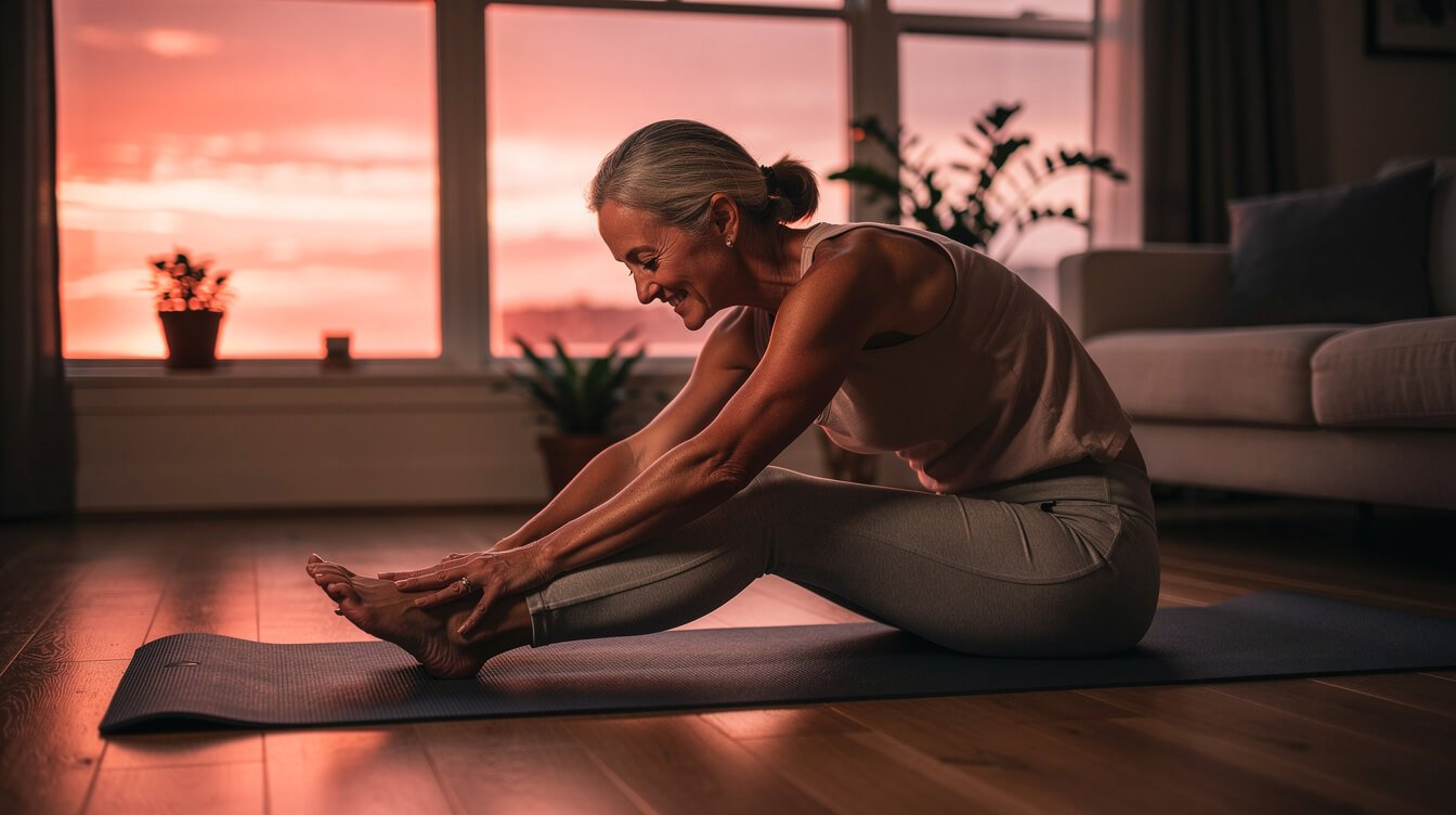 woman gently stretching her knee at home in warm red light