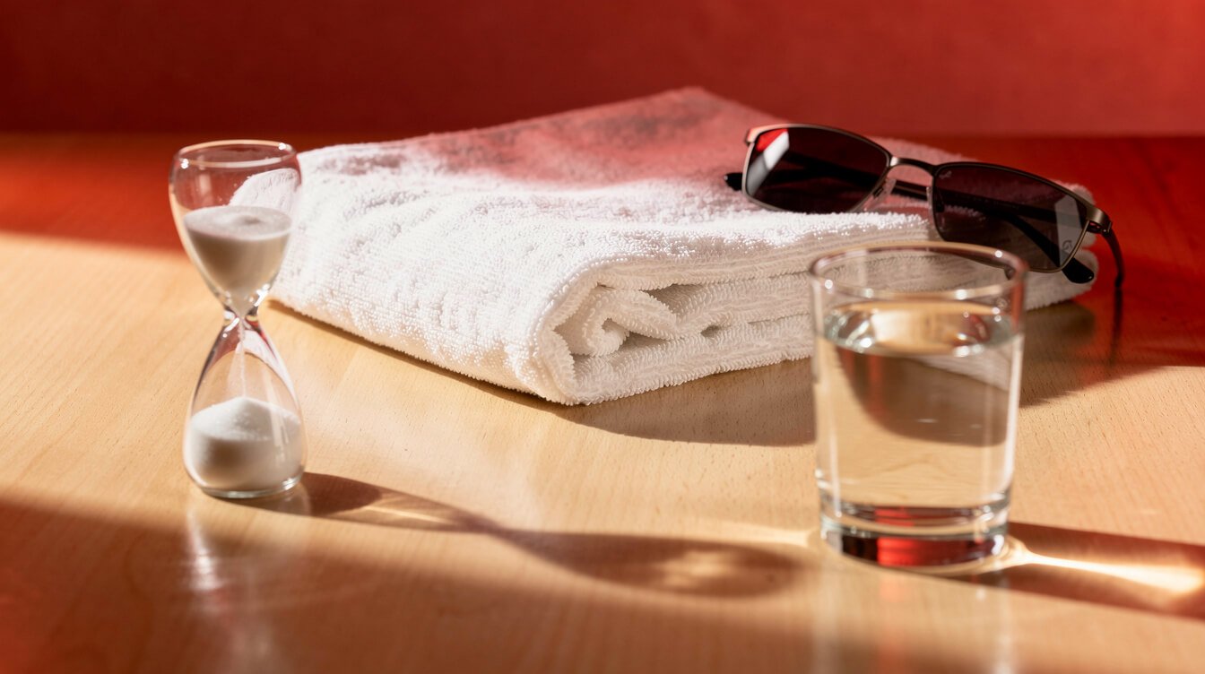 simple light therapy session setup with towel, timer, glasses and water