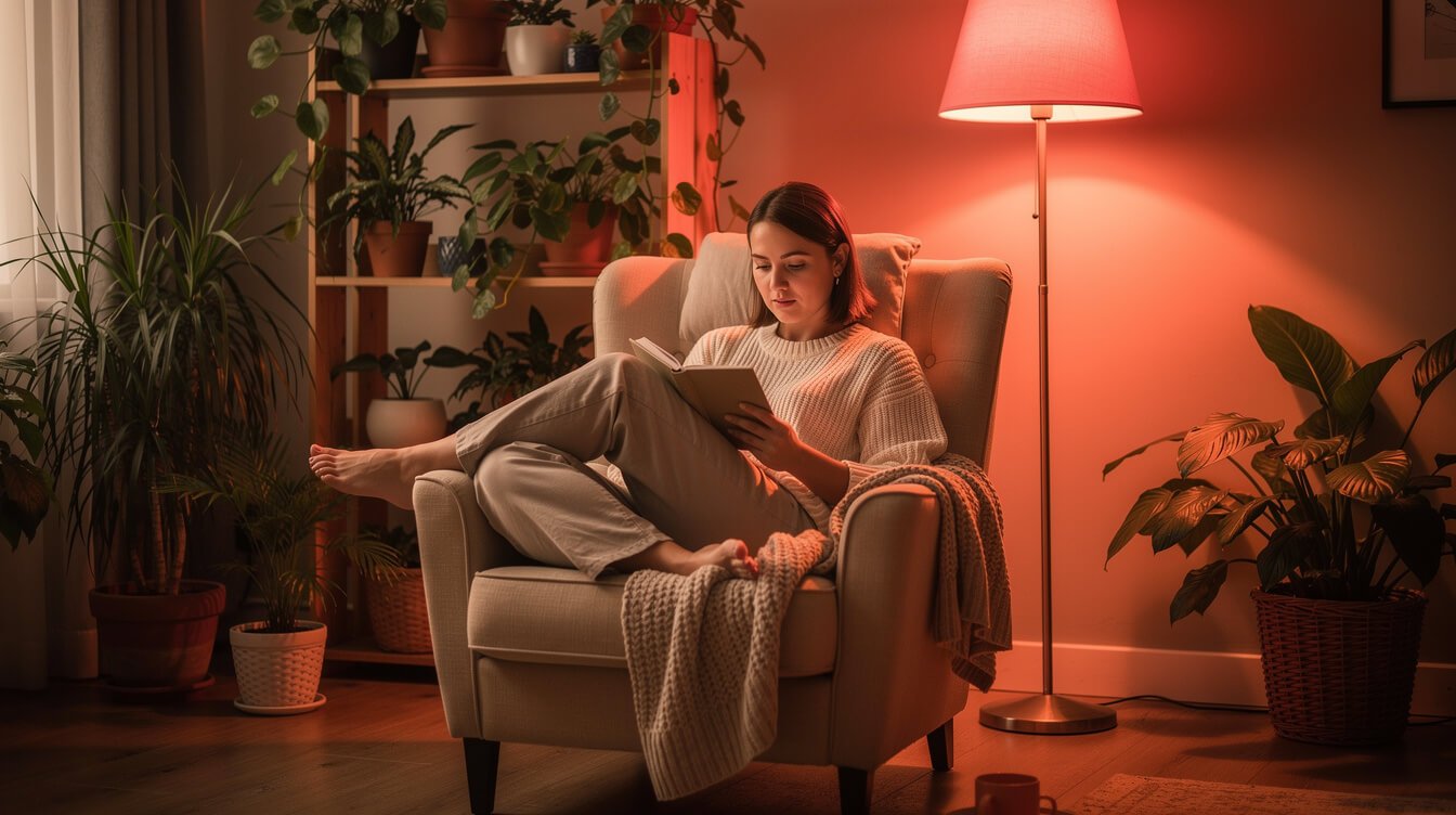 relaxed person resting at home in a warm red-amber glow
