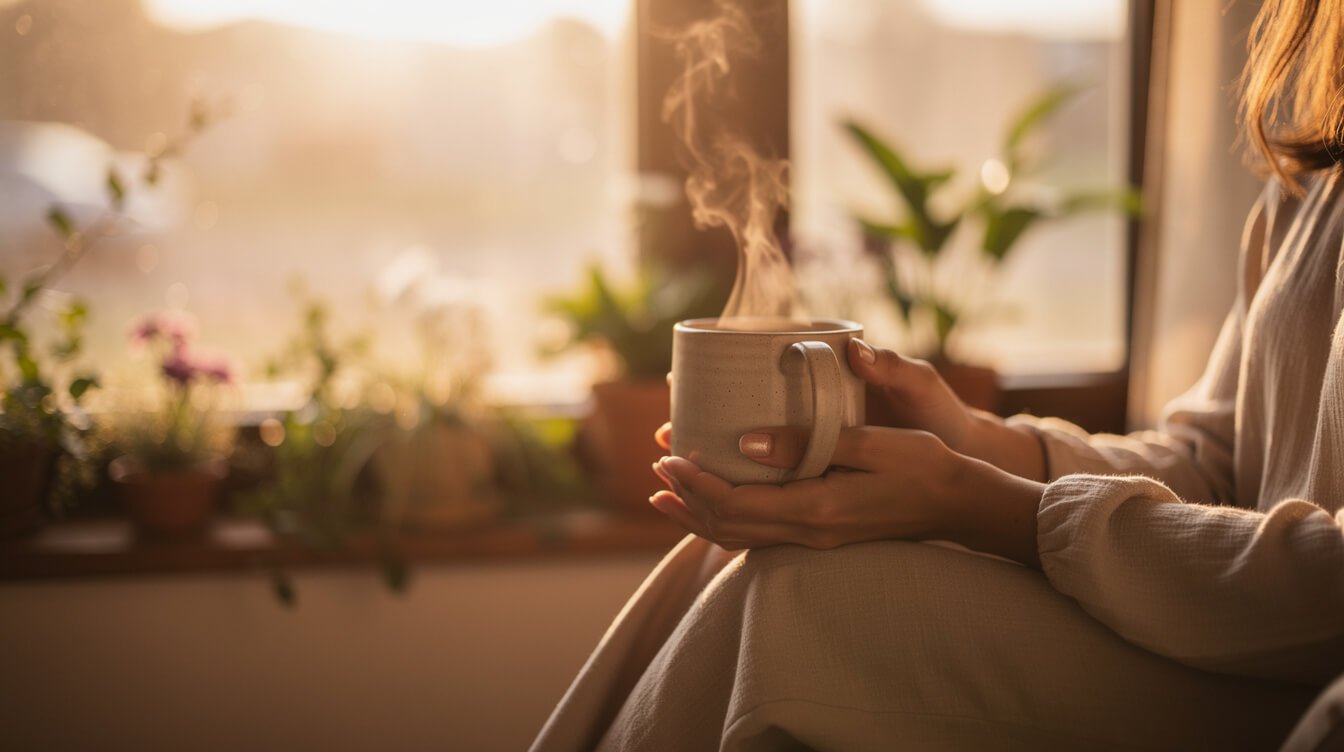 hands holding a warm mug by a sunlit window in soft red-golden light