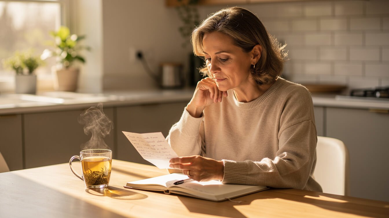 Woman reviewing wellness notes before trying red light therapy