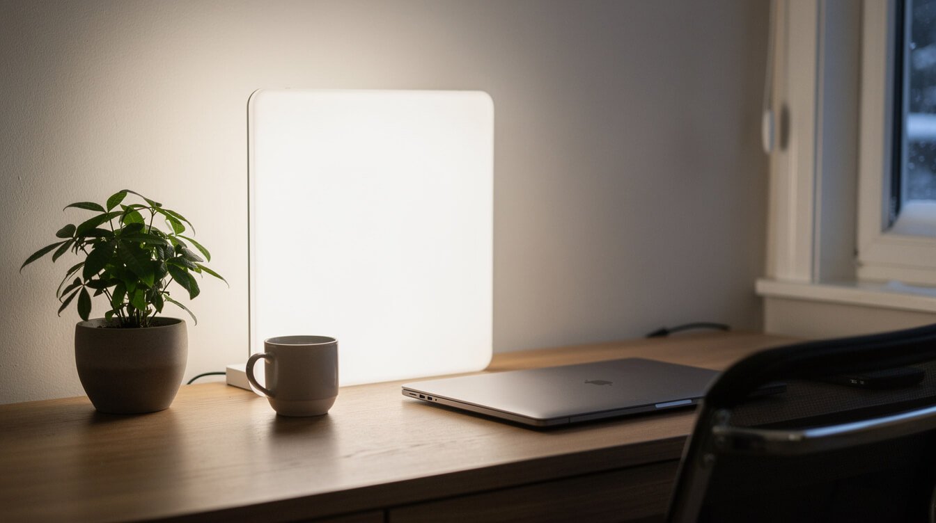 light therapy lamp for seasonal affective disorder on a desk slightly above eye level