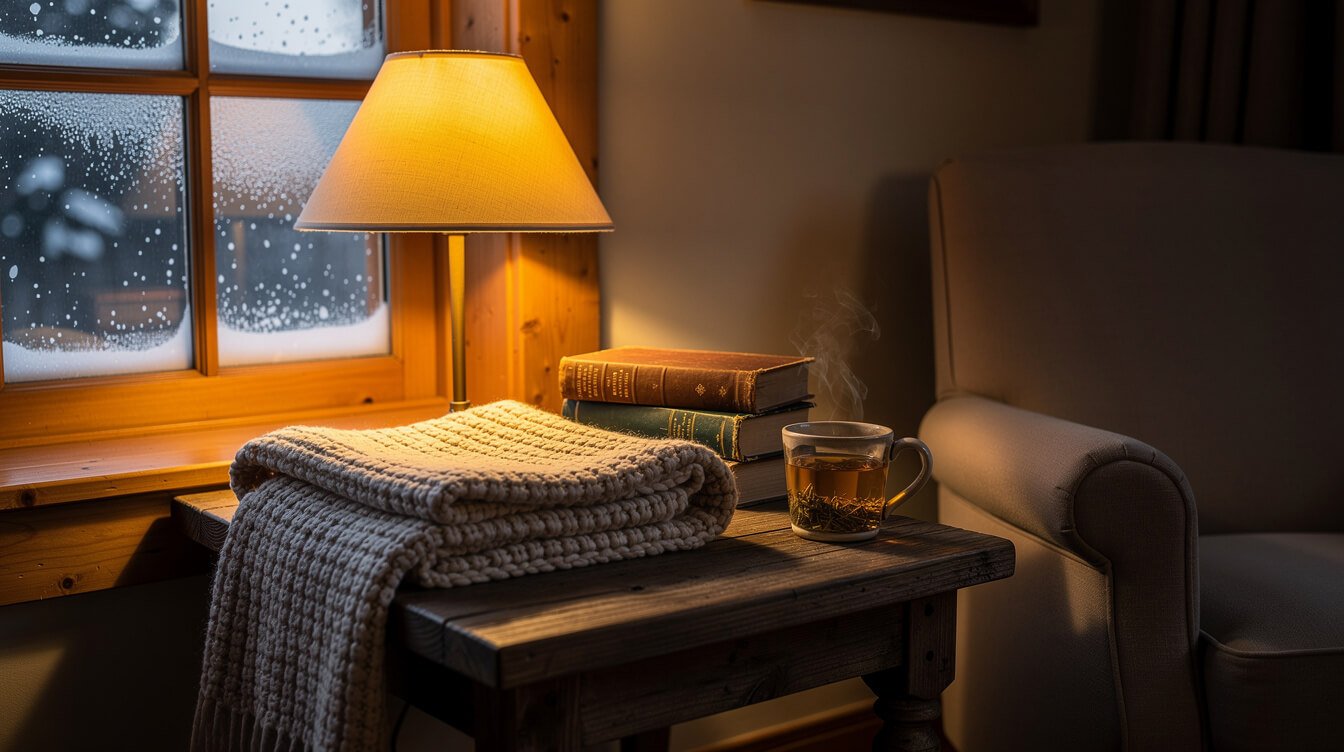 Cozy winter reading nook with warm lamp and herbal tea