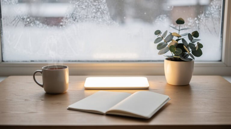 light therapy lamp for seasonal affective disorder on a winter breakfast table