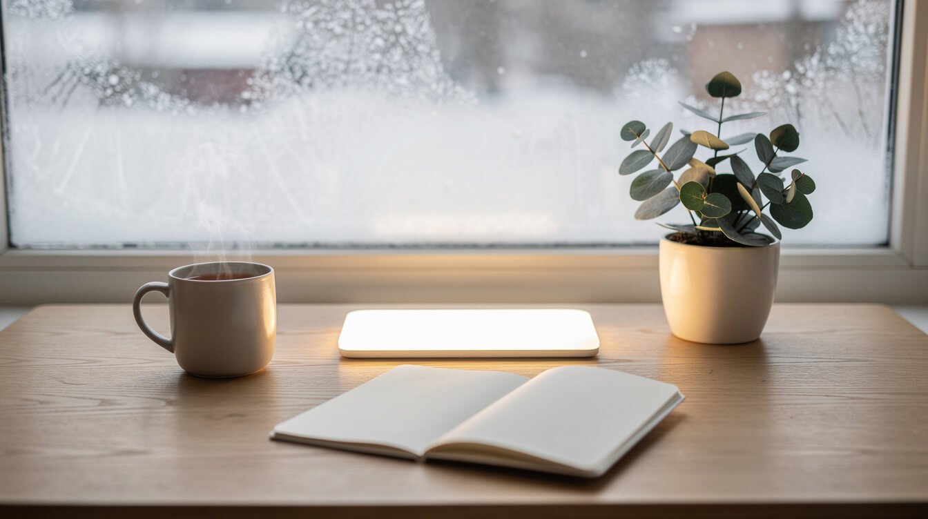 light therapy lamp for seasonal affective disorder on a winter breakfast table