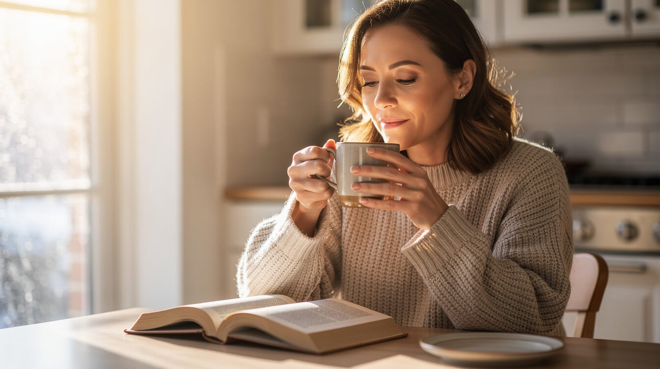 Woman enjoying bright morning light at the breakfast table on a winter morning