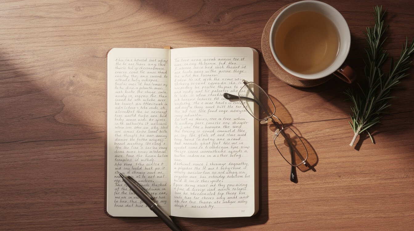 Notebook and morning tea on a desk while reading research on bright light therapy