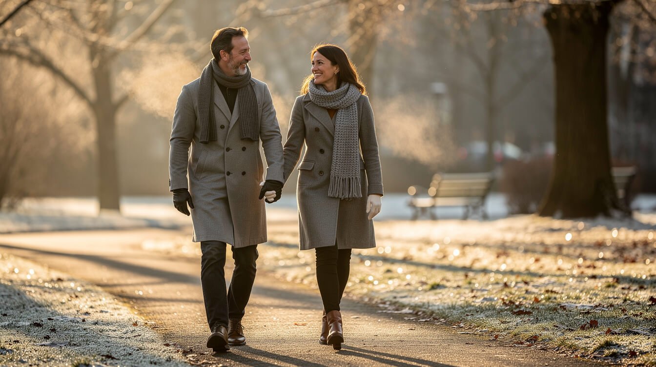 Couple walking in low winter sunlight on a park path