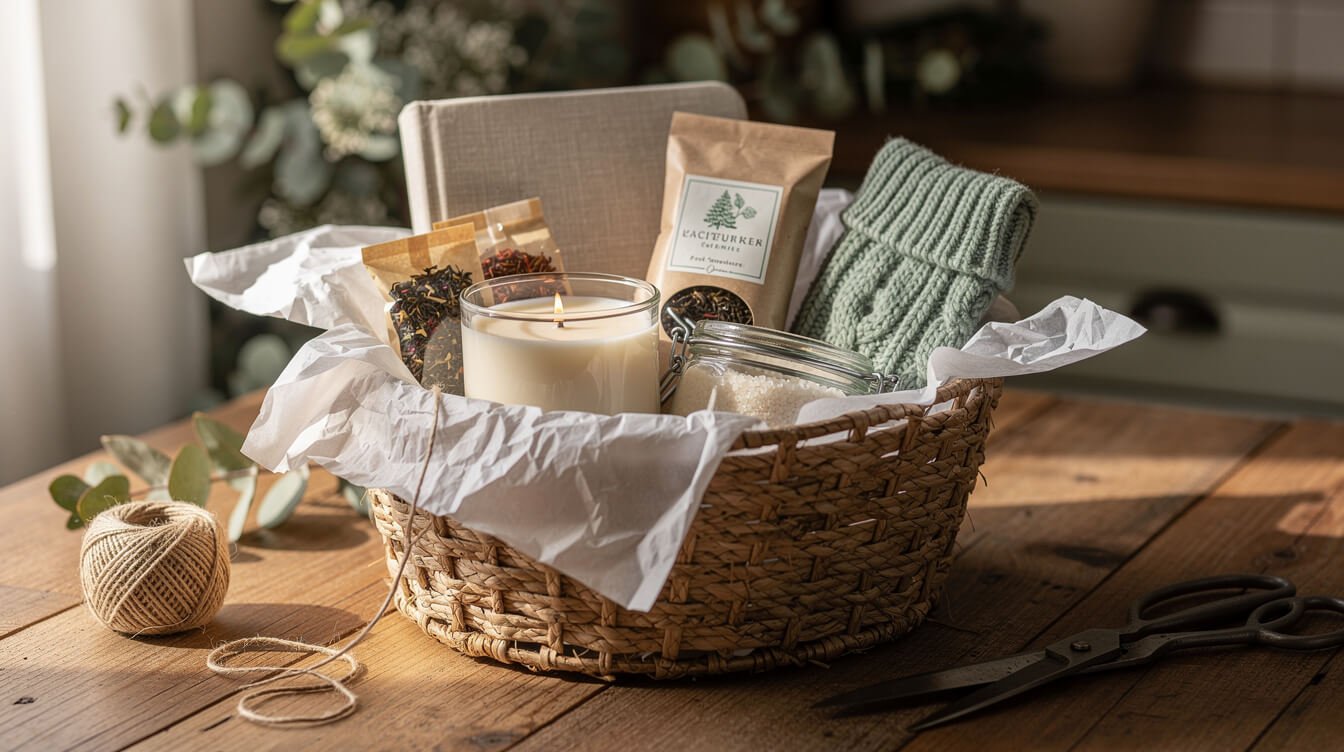 DIY self care gift basket with candle, tea, journal, bath salts and socks
