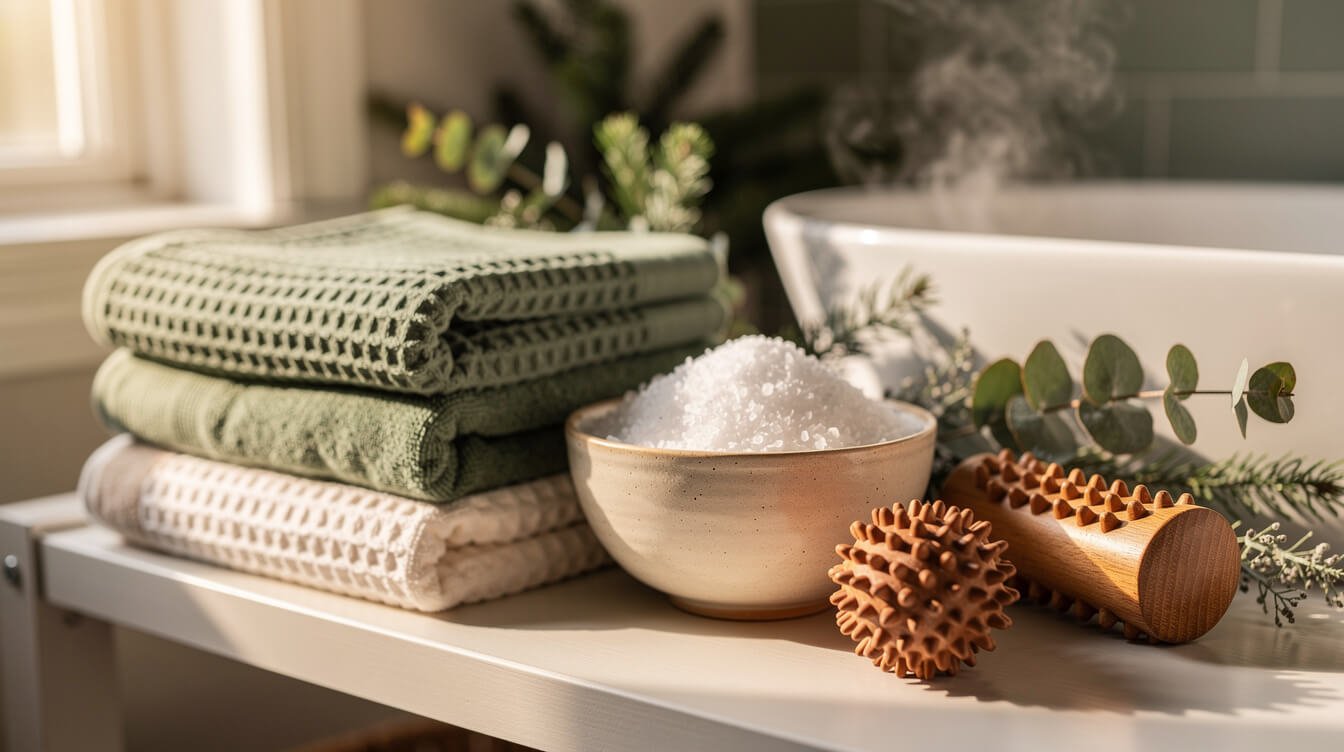 Body recovery gifts: epsom salts, foot roller and massage ball on a bathroom shelf
