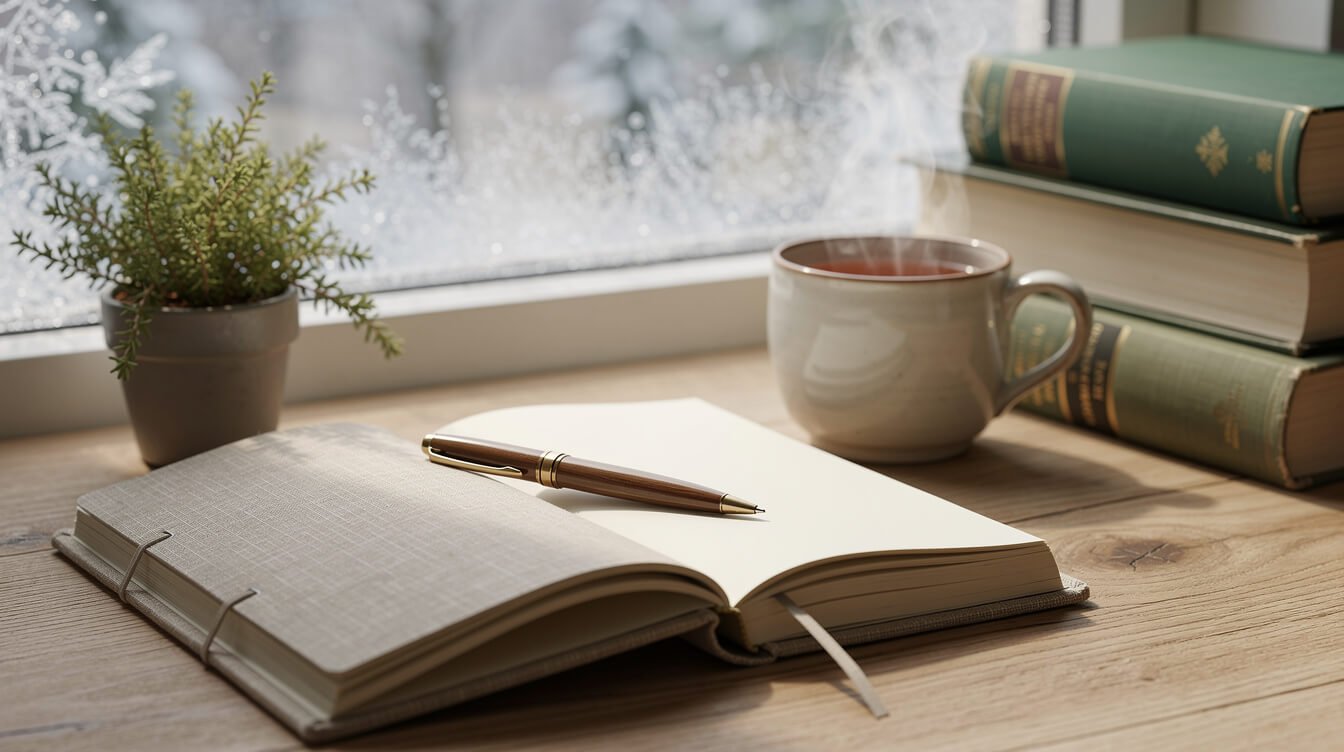 Calming gifts for stress: journal, potted plant and tea by a winter window