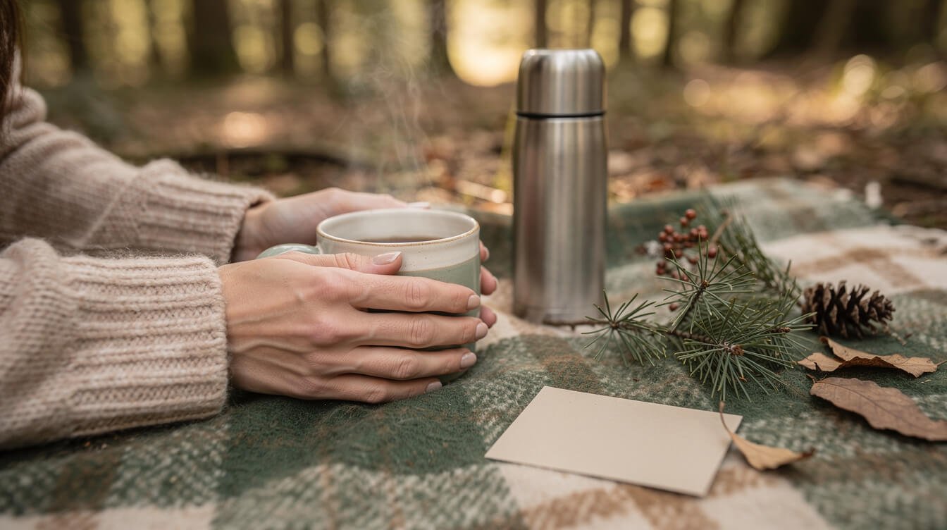 Experience gift idea: a shared winter forest picnic with warm tea