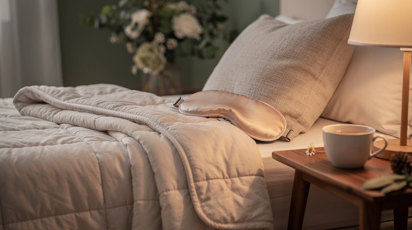 Sleep self care gift ideas: weighted blanket, sleep mask and chamomile tea on a nightstand