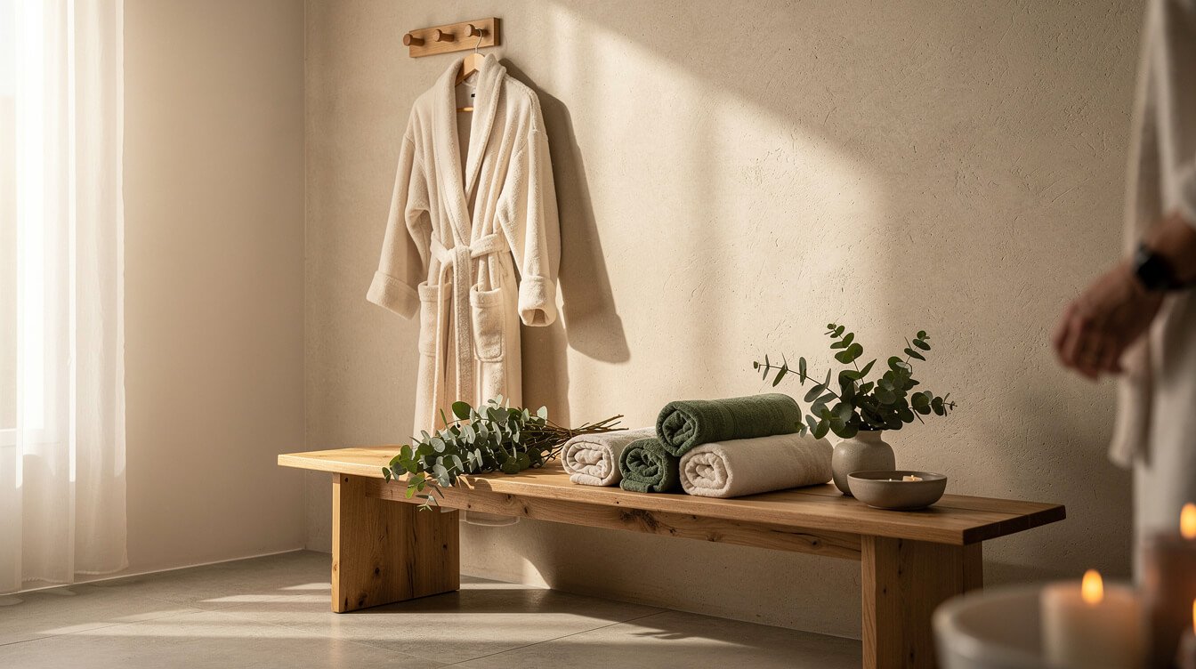 Splurge-worthy home spa gift ideas: plush robe, towels and eucalyptus