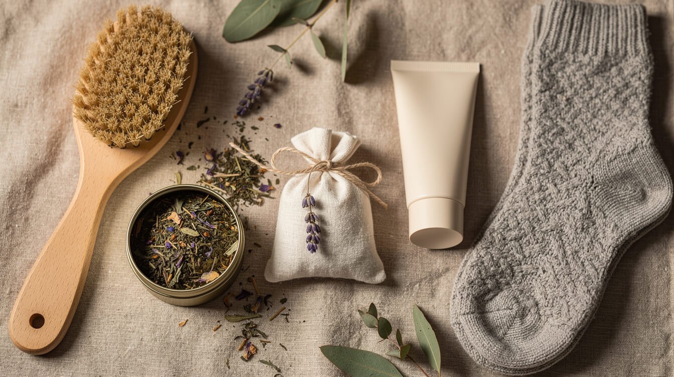Affordable self care gifts under $30: herbal tea, dry brush, wool socks and lavender sachet