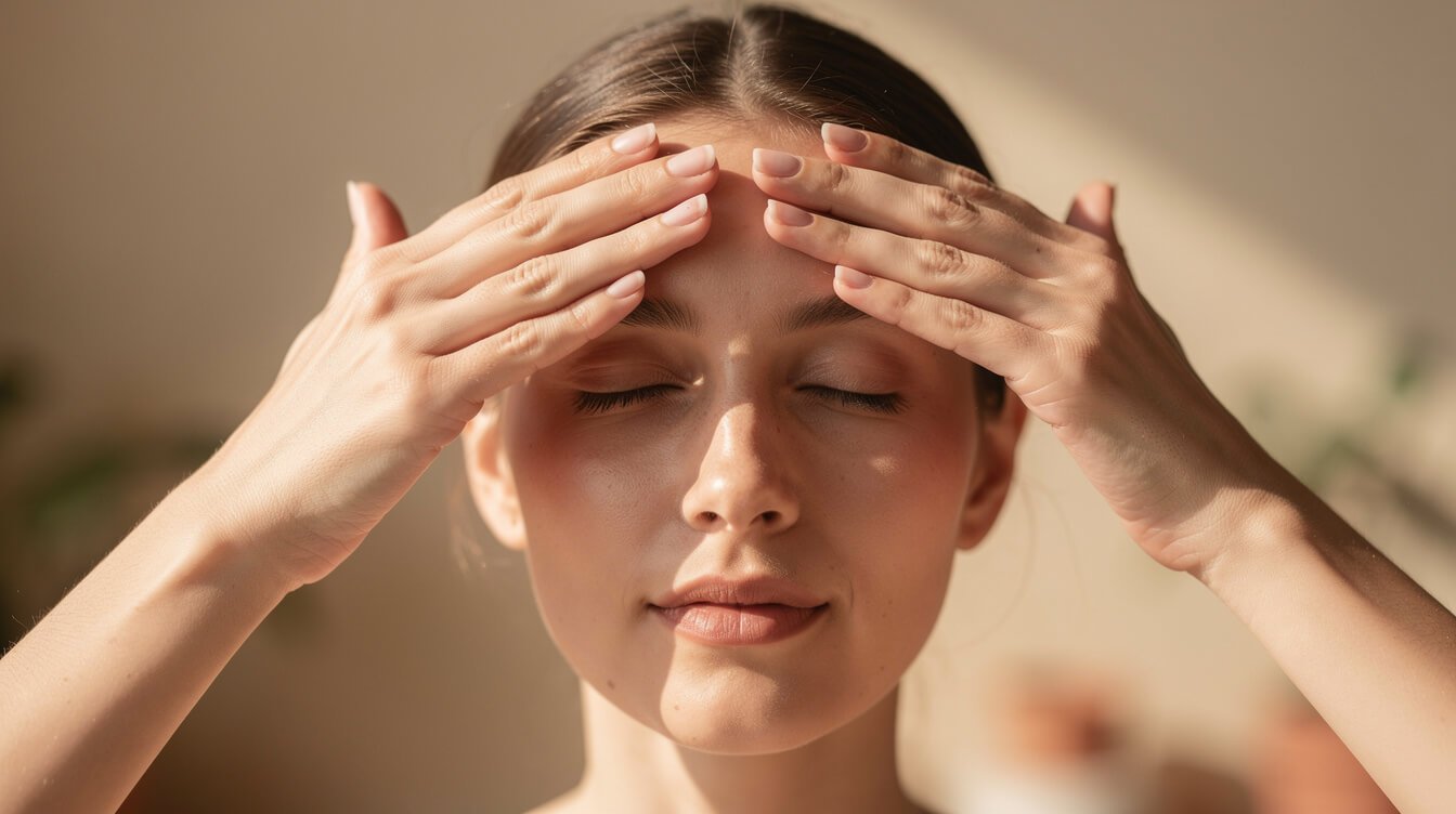 Fingertips resting on the Yintang point between the eyebrows