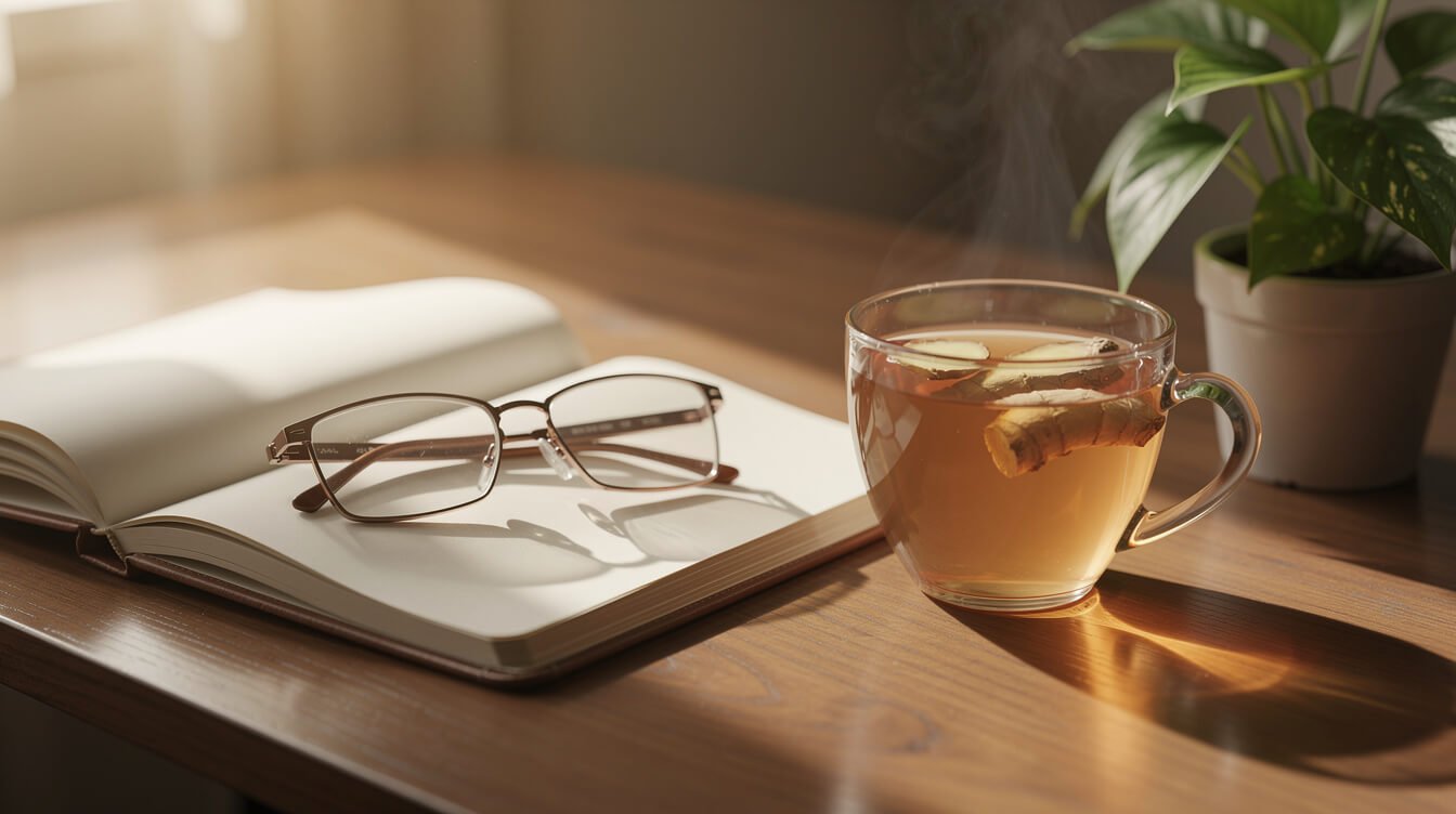 Reading about acupressure research with a cup of ginger tea