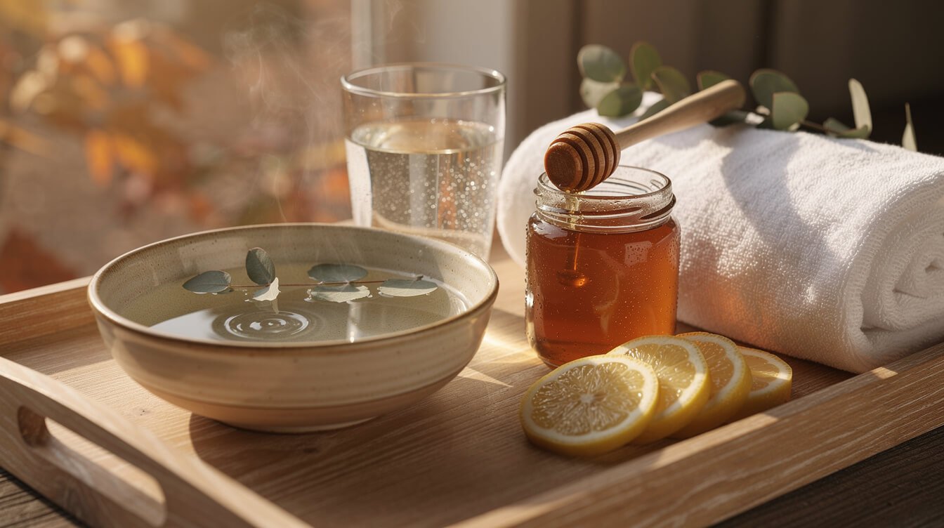 Steam bowl with eucalyptus, water, and honey for sinus comfort