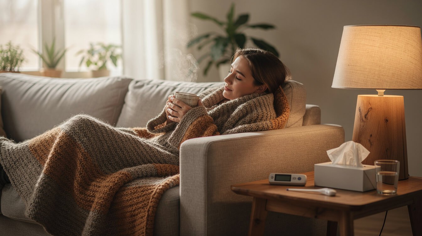 Resting under a blanket with a warm drink while recovering from a cold